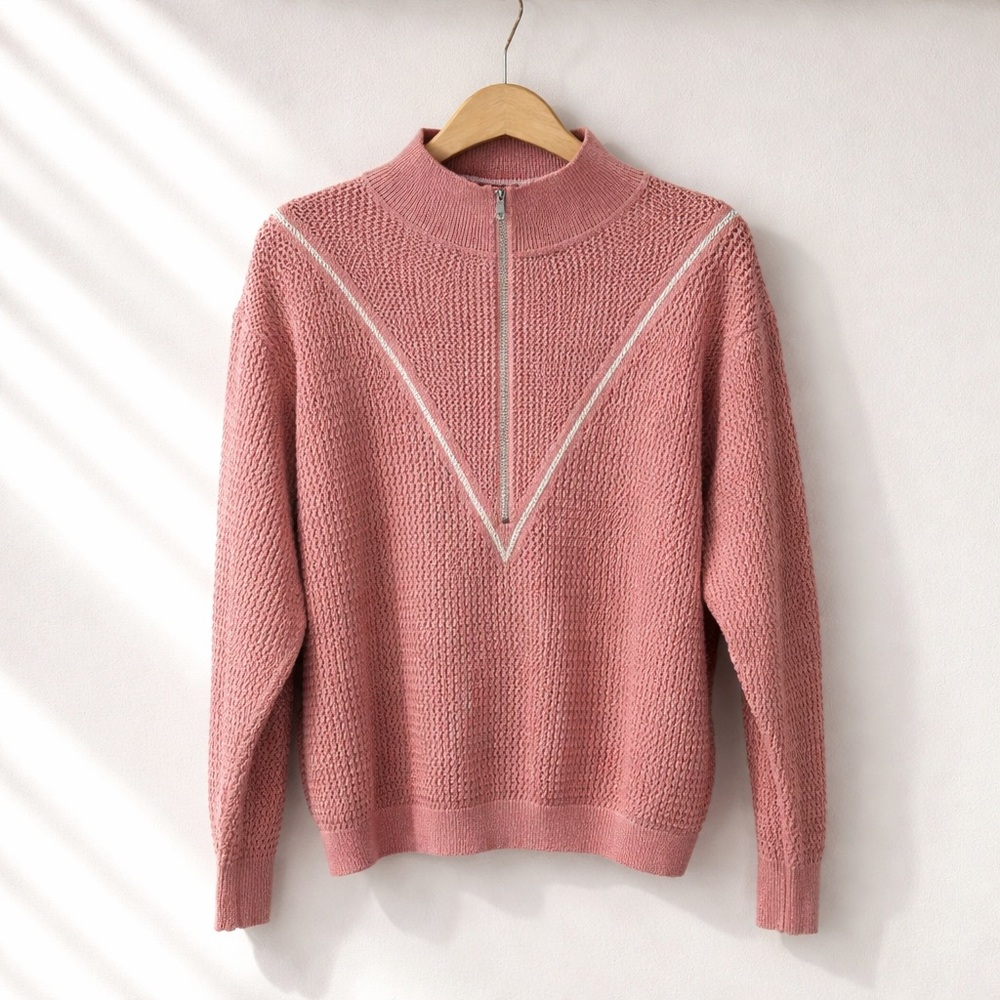 Varley Calva Pink Sweater Women Sz M Open Knit Zip Neck Polo Athleisure Luxe